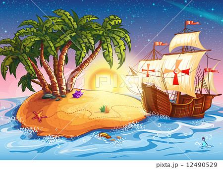 Illustration of the island with the explorer ship 12490529