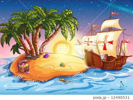 Illustration of Treasure Island with the ship caravel 12490531