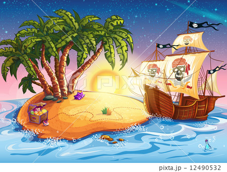 Illustration of treasure island and pirate ship 12490532