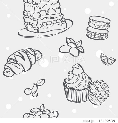 Seamless texture with different baking croissants, cakes, cookies, meringue 12490539