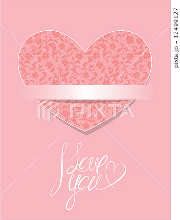 Card with floral pattern heart, calligraphic text I LOVE YOU, el 12499127