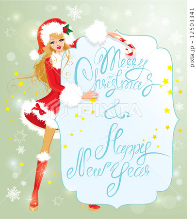 Blond xmas Girl wearing Santa Claus suit staying behaind frame w 12503341