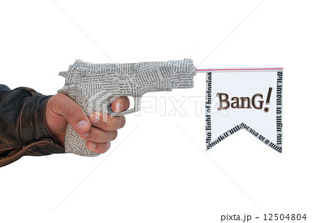 male hand with shoting newspaper pistol and flag on white backgr 12504804