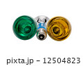 three multicoloured electric light bulbs on white background 12504823