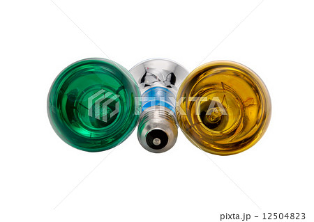 three multicoloured electric light bulbs on white background three multicoloured electric light bulbs on white background 12504823