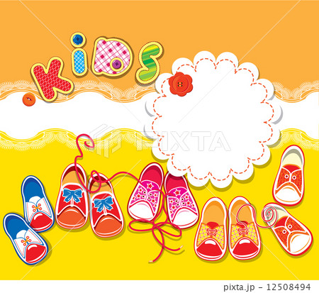 Card - children gumshoes, lace frame and word KIDS on orange and 12508494