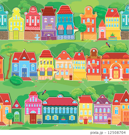 Seamless pattern with decorative colorful houses, spring or summ 12508704