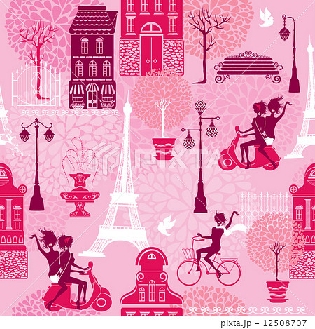 Seamless pattern with girls riding on scooter and bicycle, house 12508707