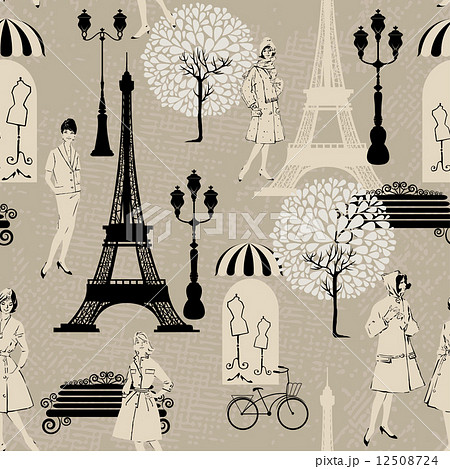 Seamless pattern - Effel Tower, street lights, old fashioned gir 12508724