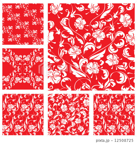 Set of Vintage ornate seamless patterns with white roses sihouet 12508725