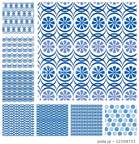 Set of seamless patterns - blue ceramic tiles with floral orname 12508755