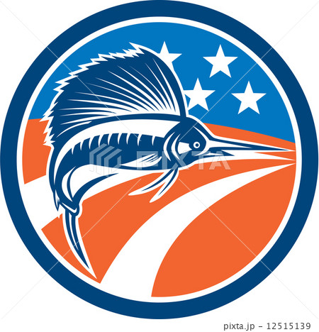 Sailfish Fish Jumping American Flag Circle Retro 12515139