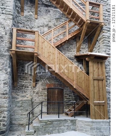 Wooden stairs the leader on a medieval city wall in Tallinn 12521181