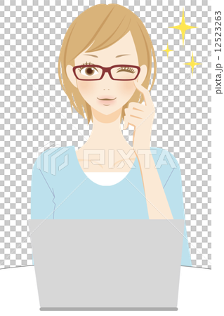 Smiling woman wink glasses doing PC operation 12523263