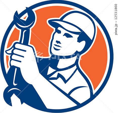 Mechanic Holding Spanner Wrench Circle Retro 12531860