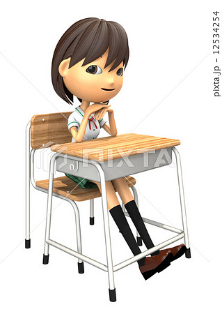 教室の机で微笑む女子生徒の3Dイラスト 12534254