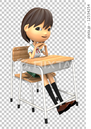 教室の机で微笑む女子生徒の3Dイラスト 12534254