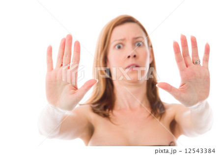 model isolated on plain background stop sign with hands 12543384