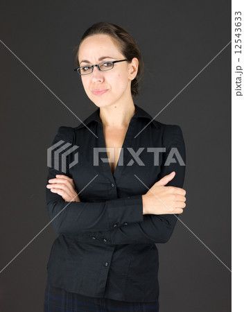 model isolated on plain background happy smiling arms crossed 12543633