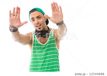 model isolated on plain background stop sign with hands 12544696