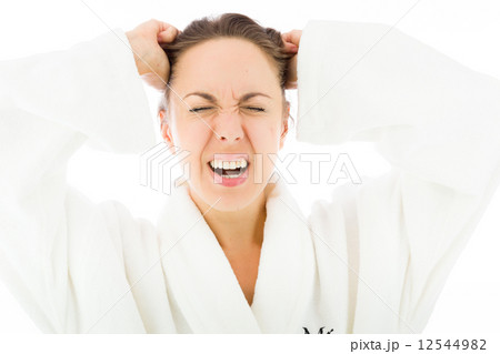 model isolated on plain background stressed upset pulling hairs 12544982