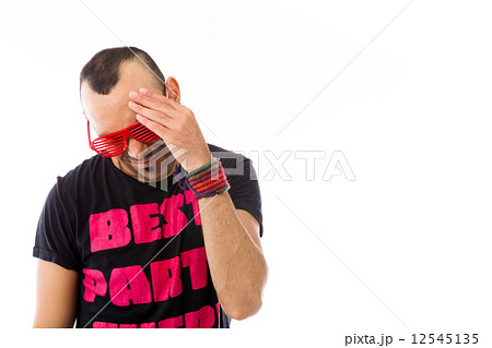 model isolated on plain background confused headache 12545135