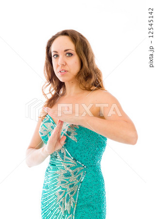 model isolated on plain background hand gesture break sign 12545142