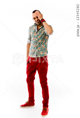 model isolated on plain background confused headache 12545282