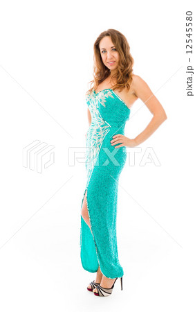 model isolated on plain background pround confident hands on hip 12545580