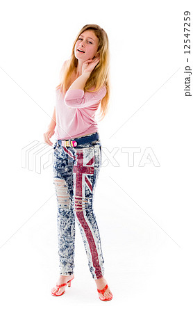 model isolated on plain background listening paying attention model isolated on plain background listening paying attention 12547259