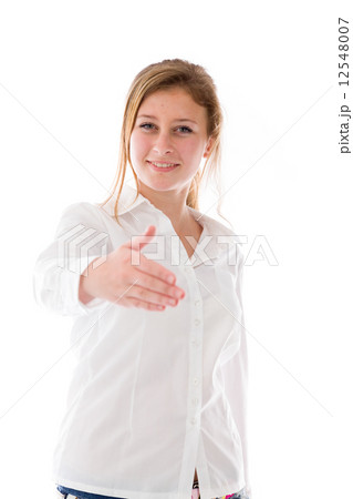 model isolated on plain background greetings hand shake 12548007