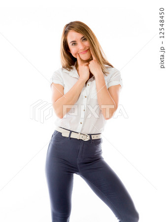 model isolated on white with fake smile model isolated on white with fake smile 12548450