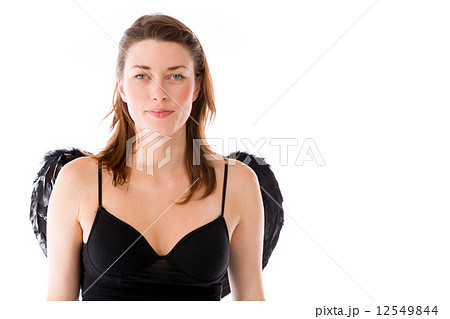 model isolated on plain background happy smiling arms crossed 12549844