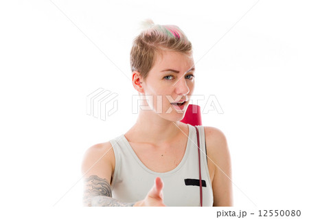 model isolated on plain background greetings hand shake 12550080
