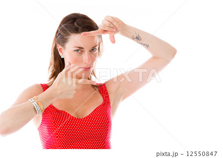 model isolated on plain background hand gesture framing focusing 12550847
