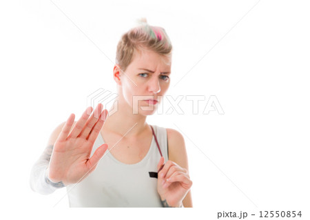 model isolated on plain background stop sign with hands 12550854