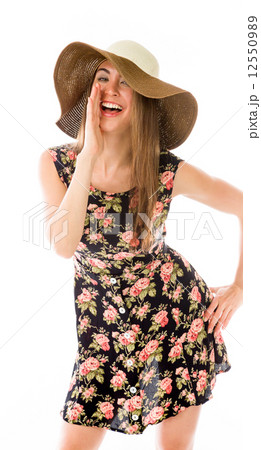 model isolated on plain background calling shouting 12550989