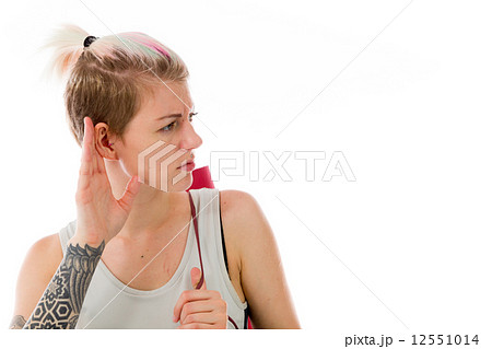 model isolated on plain background listening paying attention model isolated on plain background listening paying attention 12551014