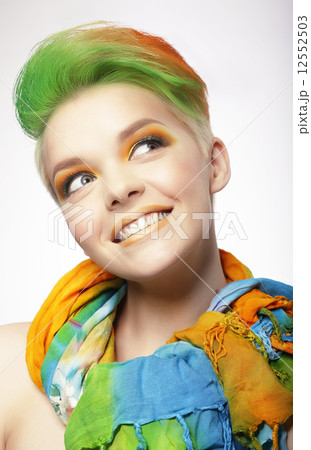 Funny Smiling Woman with Colored Hairs Looking Up Funny Smiling Woman with Colored Hairs Looking Up 12552503