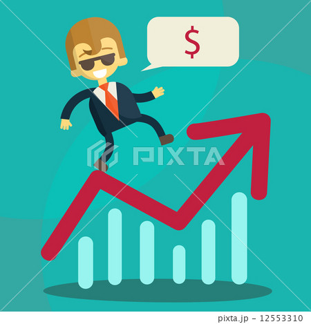 Cheerful businessman climbing a bar chart Cheerful businessman climbing a bar chart 12553310