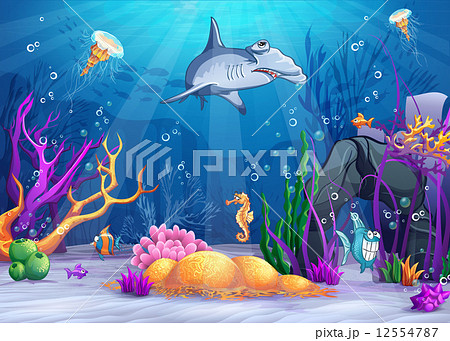 Illustration of the underwater world with a funny fish and hammerhead shark 12554787