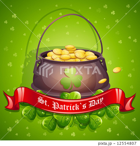 Greeting card for St. Patrick's Day with a pot of gold red ribbon 12554807