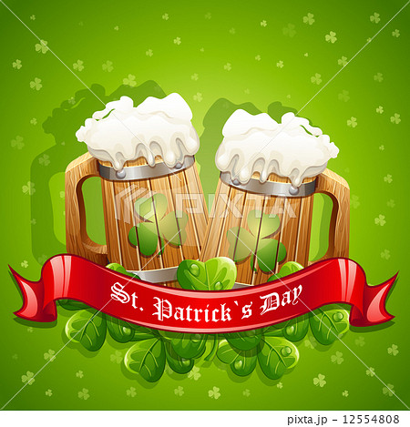 Greeting card for St. Patrick's Day with a mug of ale and a red ribbon 12554808