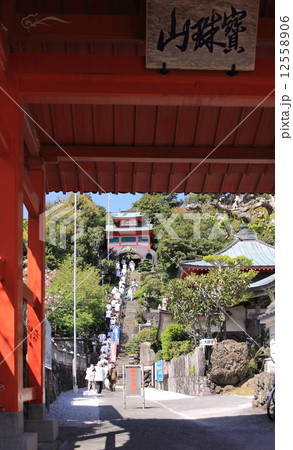四国霊場第25番札所「津照寺」朱門から見る石段と鐘楼門兼仁王門 12558906