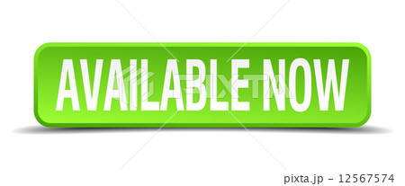 available now green 3d realistic square isolated button 12567574