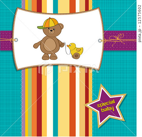welcome baby card with boy teddy bear and his duck welcome baby card with boy teddy bear and his duck 12575602