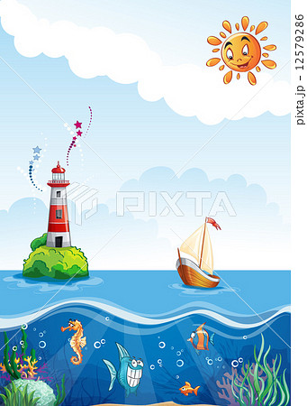 Childrens illustration of sea with lighthouse, sailing and fun fish 12579286