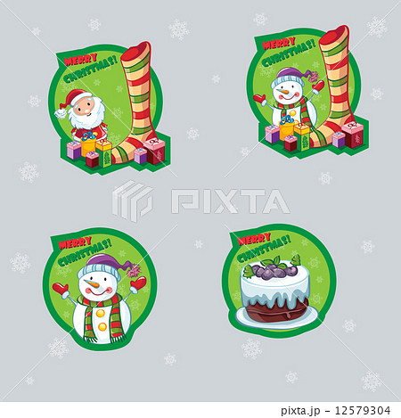 Set of labels for Christmas with a snowman, Santa Claus and cake. Set of labels for Christmas with a snowman, Santa Claus and cake. 12579304