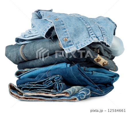 A large stack of colored denim products 12584661