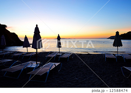 Sunrise and beach at the luxury hotel, Crete, Greece 12588474